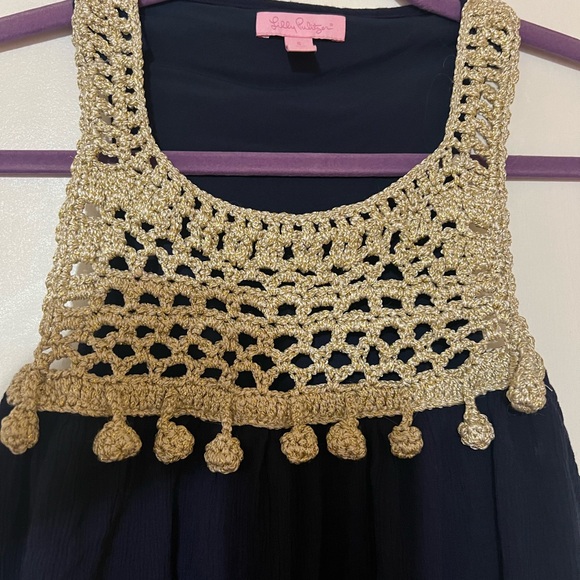 Lily Pulitzer Rachelle Navy Flowy Gauze Dress crocheted gold pompoms - Picture 5 of 6